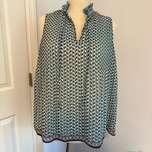 Max Studio Black, Teal and White Ruffled Sleeveless Blouse